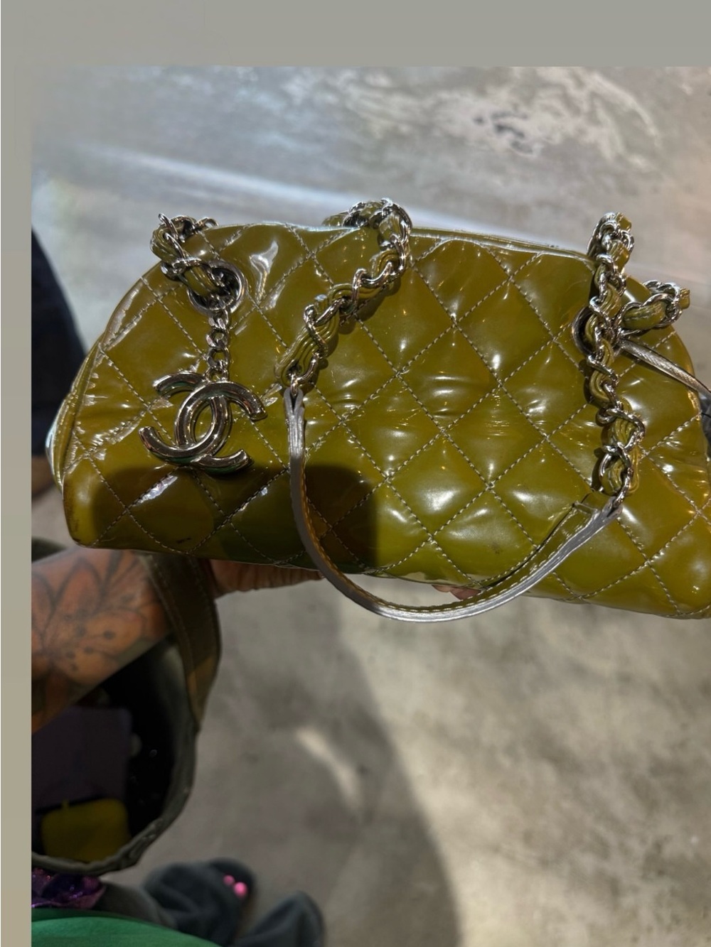 Chanel Quilted Patent Leather Shoulder Bag - Olive Green